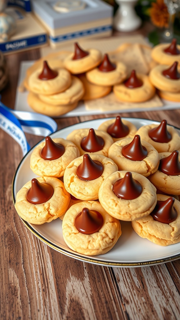 Passover-Friendly Peanut Butter Blossom Cookies Plate of peanut butter blossom cookies topped with chocolate kisses, set on a wooden table with Passover decorations.